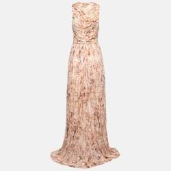 Pre Owned Alexander McQueen Pink Printed Jersey Draped Sleeveless Maxi Dress M