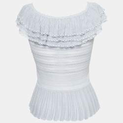 Pre Owned Alexander McQueen Blue Pointelle Knit Ruffle Trimmed Top S