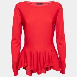 Alexander McQueen Red Wool Peplum Long Sleeve Sweater L