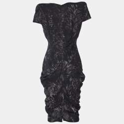 Pre Owned Alexander McQueen Black Printed Crepe Draped Midi Dress M
