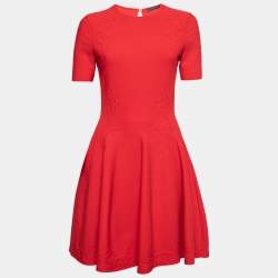 Pre Owned Alexander McQueen Red Jacquard Knit Flared Dress M