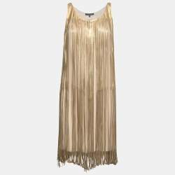 Pre Owned Alexander McQueen Gold LeatherFringed Belted Midi Dress S