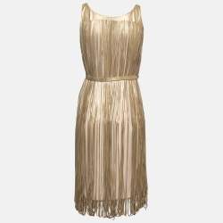 Pre Owned Alexander McQueen Gold LeatherFringed Belted Midi Dress S
