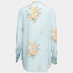 Pre Owned Alexander McQueen Blue Floral Printed Silk Mandarin Collar Blouse M