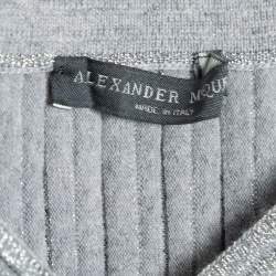 Pre Owned Alexander McQueen Metallic Grey Ribbed Knit Off-Shoulder Maxi Dress M