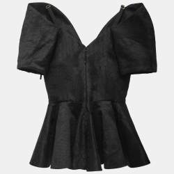 Pre Owned Alexander McQueen Black Bee Jacquard Silk Peplum Blouse M