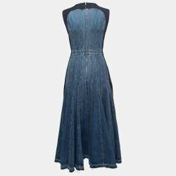 Pre Owned Alexander McQueen Blue Crepe & Denim Contrast Lace Up Dress M