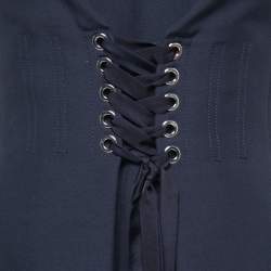 Pre Owned Alexander McQueen Blue Crepe & Denim Contrast Lace Up Dress M