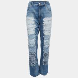 Pre Owned Alexander McQueen Blue Denim Ripped Straight Leg Jeans M Waist 32"