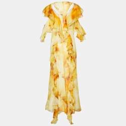 Pre Owned Alexander McQueen Yellow Printed Silk Chiffon Ruffled Maxi Dress M