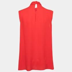 Pre Owned Alexander McQueen Red Silk Draped Neck Sleeveless Top M