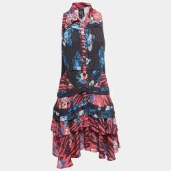 Pre Owned Alexander McQueen Multicolor Crepe Lace Trimmed Sleeveless Flared Short Dress M