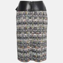 Pre Owned Alexander McQueen Multicolor Tweed Leather Trimmed Bow Detail Knee Length Skirt M