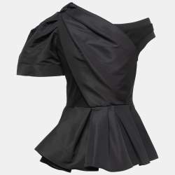 Pre Owned Alexander McQueen Black Cotton & Taffeta Asymmetrical Peplum Top M