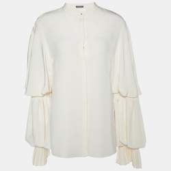 Pre Owned Alexander McQueen Cream Silk Ruffle Sleeve Shirt L
