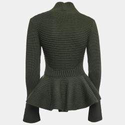 Pre Owned Alexander McQueen Dark Green Wool Cable Knit Peplum Sweater M