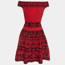 Pre Owned Alexander McQueen Red Jacquard Knit Midi Dress XS