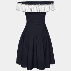 Pre Owned Alexander McQueen Black Knit Ruffle Off-Shoulder Fit & Flare Sweater Dress XS