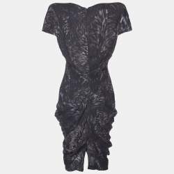 Pre Owned Alexander McQueen Black Printed Crepe Draped Midi Dress M