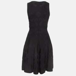 Pre Owned Alexander McQueen Black Embossed Stretch Knit Flared Short Dress XS