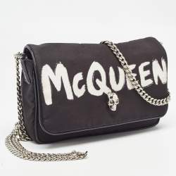 Pre Owned Alexander McQueen Black Graffiti Nylon Skull Crystals Shoulder Bag
