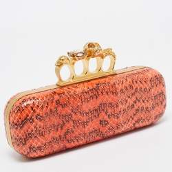Pre Owned Alexander McQueen Orange/Black Watersnake Leather Skull Knuckle Box Clutch