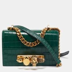 Alexander McQueen Green Croc Embossed Leather Skull Ring Shoulder Bag