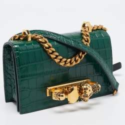 Alexander McQueen Green Croc Embossed Leather Skull Ring Shoulder Bag