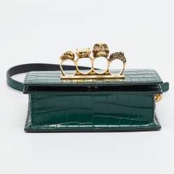 Alexander McQueen Green Croc Embossed Leather Skull Ring Shoulder Bag