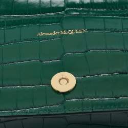 Alexander McQueen Green Croc Embossed Leather Skull Ring Shoulder Bag
