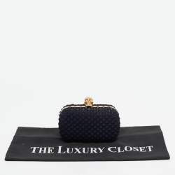 Pre Owned Alexander McQueen Navy Blue Textured Suede Studded Skull Clutch