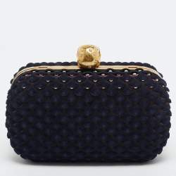 Pre Owned Alexander McQueen Navy Blue Textured Suede Studded Skull Clutch