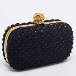 Pre Owned Alexander McQueen Navy Blue Textured Suede Studded Skull Clutch