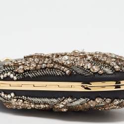 Pre Owned Alexander McQueen Black Leather Embellished Clam Chain Clutch