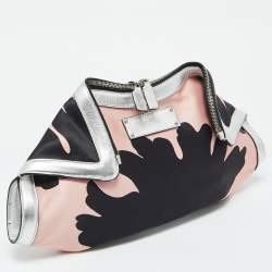 Alexander McQueen Black/Pink Satin and Leather Medium Floral De Manta Clutch