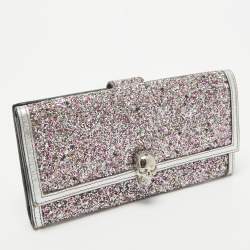 Alexander McQueen Silver Glitter and Leather Skull Continental Wallet