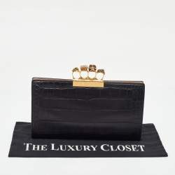 Pre Owned Alexander McQueen Black Croc Embossed Leather Skull Knuckle Clutch