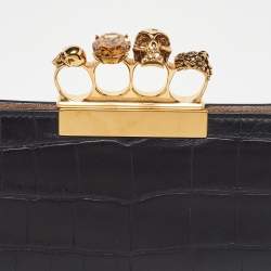 Pre Owned Alexander McQueen Black Croc Embossed Leather Skull Knuckle Clutch
