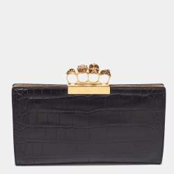 Pre Owned Alexander McQueen Black Croc Embossed Leather Skull Knuckle Clutch