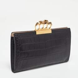 Pre Owned Alexander McQueen Black Croc Embossed Leather Skull Knuckle Clutch
