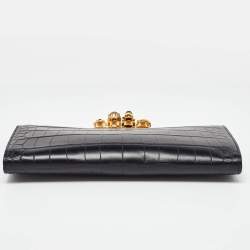 Pre Owned Alexander McQueen Black Croc Embossed Leather Skull Knuckle Clutch