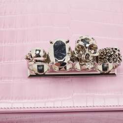 Pre Owned Alexander McQueen Pink Croc Embossed Leather Knuckle Flap Shoulder Bag