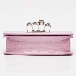 Pre Owned Alexander McQueen Pink Croc Embossed Leather Knuckle Flap Shoulder Bag
