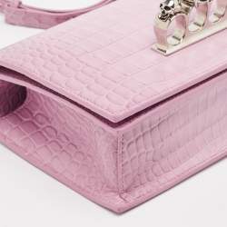 Pre Owned Alexander McQueen Pink Croc Embossed Leather Knuckle Flap Shoulder Bag
