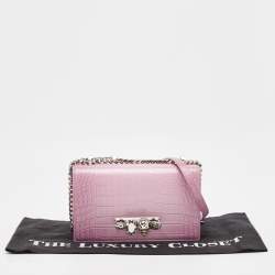 Pre Owned Alexander McQueen Pink Croc Embossed Leather Knuckle Flap Shoulder Bag