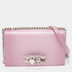 Pre Owned Alexander McQueen Pink Croc Embossed Leather Knuckle Flap Shoulder Bag