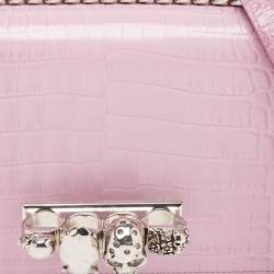Pre Owned Alexander McQueen Pink Croc Embossed Leather Knuckle Flap Shoulder Bag
