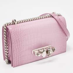 Pre Owned Alexander McQueen Pink Croc Embossed Leather Knuckle Flap Shoulder Bag