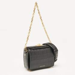 Alexander McQueen Black Croc Embossed Leather Box Shoulder Bag