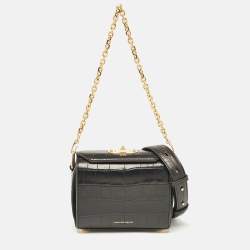 Alexander McQueen Black Croc Embossed Leather Box Shoulder Bag